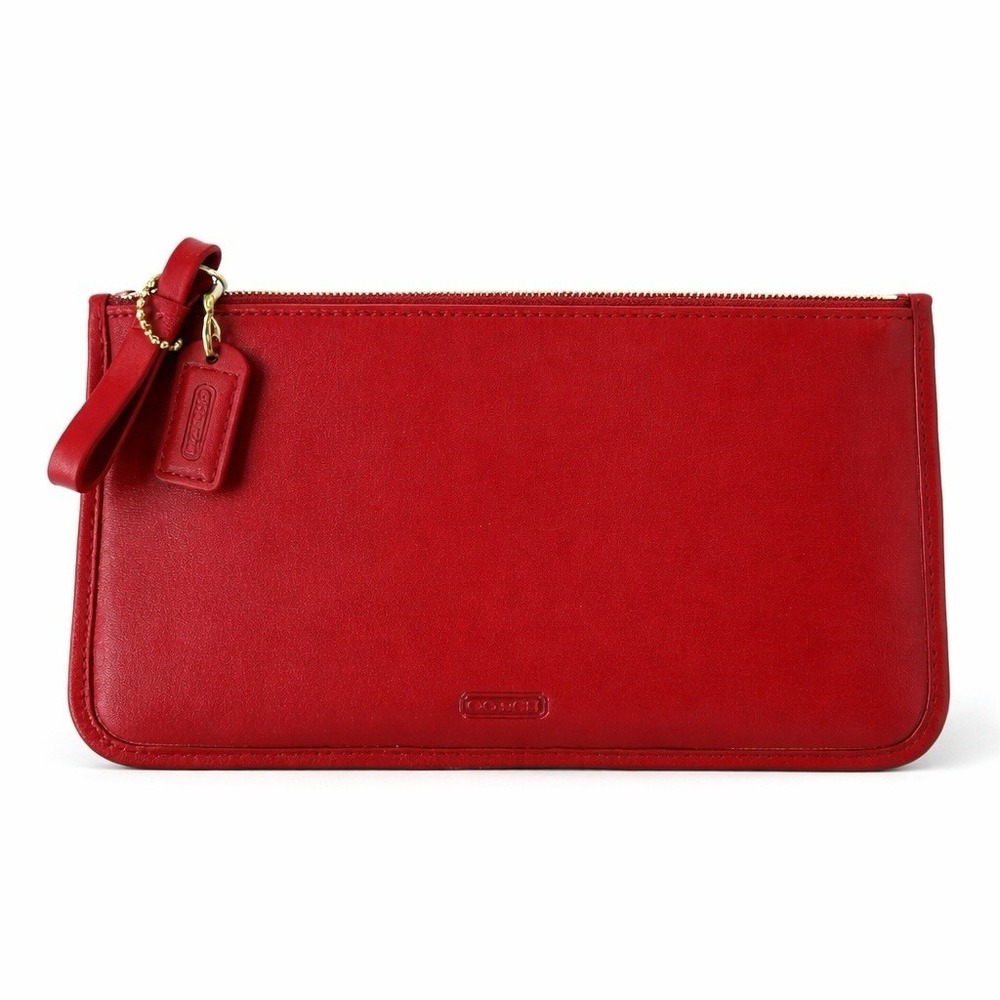 Coac Red Leather Wristlet Zip Pouch Clutch Signature‎ Lining 8"embossed Vtg